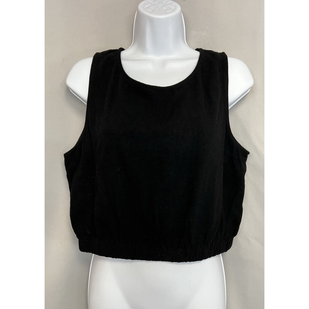 Arabess Linen Black Crop Top Tank Sz Large Women's Elastic Waist